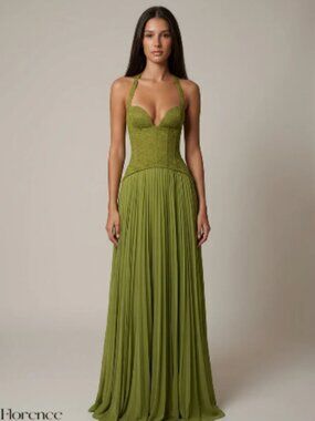Florence The Label Fairy Maxi Dress Green Floral Lace Corset Halter Size S
